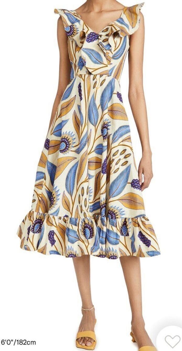 SIKA Blue Tan Floral Leaf Print Ruffle Midi Dress UK 10 US 6